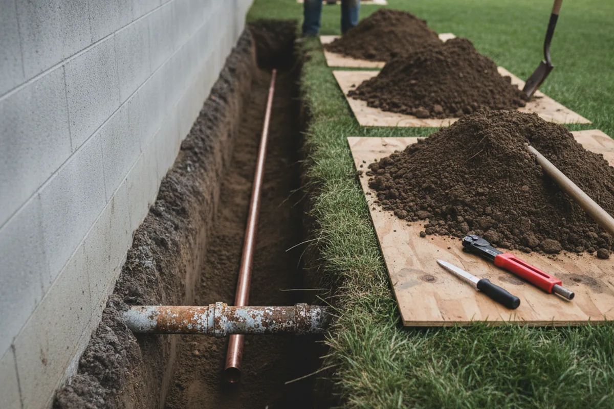 Excavated water line trench during Sewer Line Repair in Bath